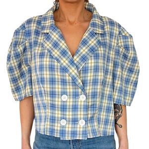 Shein Curve Button Up Puff Sleeve Peacoat Size 4X Large Blue Green Plaid